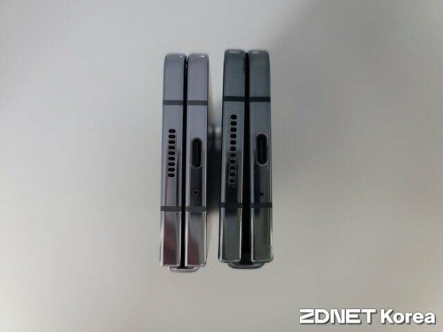 갤럭시Z폴드5(왼쪽)와 갤럭시Z폴드4 접었을 때 힌지 차이 (사진=지디넷코리아)