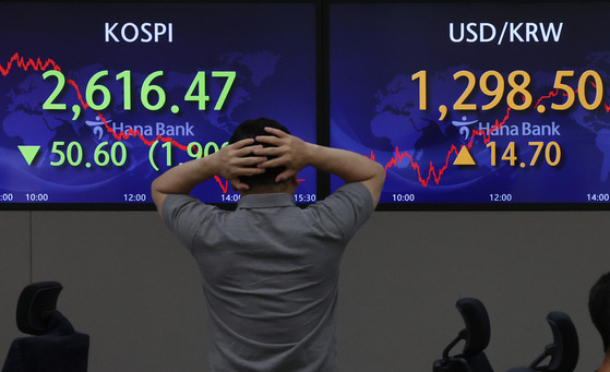 Screens in Hana Bank's trading room in central Seoul show the Kospi closing at 2,616.47 points on Wednesday, down 1.90 percent, or 50.60 points, from the previous trading session. [YONHAP]