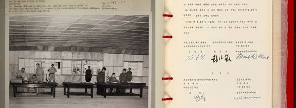 정전협정에 사인한 당사자는 마크 클라크 유엔군총사령관과 김일성 조선인민군총사령관, 펑어화이(팽덕회·彭德懷) 중국인민지원군 사령원이다. 참석자는 정전회담을 이끌었던 유엔군 측 수석대표 윌리엄 해리슨 중장과 공산군 측 수석대표 남일 대장이었다. 한국인은 협상의 주체가 되지 못했다. / 국사편찬위·박종우 사진작가 제공