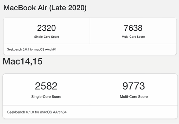 M1를 탑재한 맥북 에어(위)와 M2를 탑재한 맥북 에어15(아래)의 긱벤치 테스트 결과./사진=긱벤치 캡처
