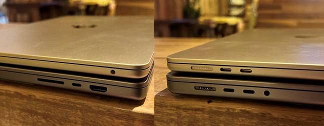 2021년 출시된 16인치 맥북 프로(아래)와 신제품 15인치 맥북 에어(위). 상대적으로 얇은 두께와 가벼운 무게는 장점이었지만, 포트 개수는 아쉽다./사진=백유진 기자 byj@