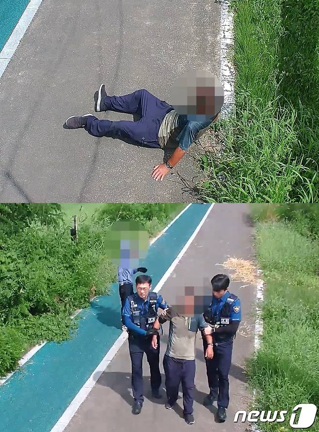 북구 CCTV 통합관제센터 모니터링 중 발견된 폭염 속 주저앉은 노인과 경찰관이 도착해 노인을 부축하는 모습.(울산광역시 북구 제공)