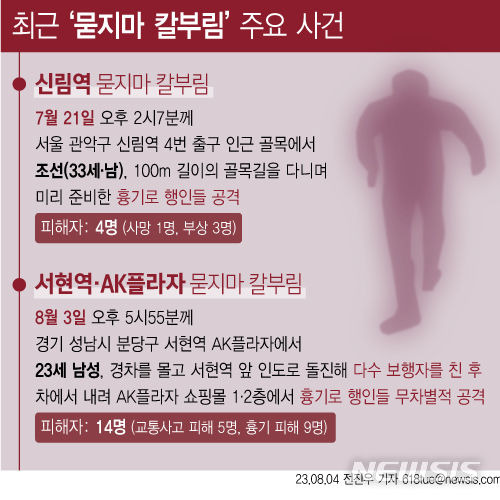 [서울=뉴시스] 지난 3일 경기도 분당에서 차량 돌진과 칼부림이 결합된 '서현역 흉기 난동' 사건이 일어나 14명이 다쳤다. 지난달 21일 '신림역 무차별 흉기 난동'으로 부터 1명이 사망하고 3명이 부상 당한지 2주 만이다. (그래픽=전진우 기자) 618tue@newsis.com