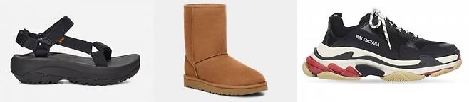 데커스의 테바 샌들(사진 왼쪽부터)과 어그 부츠, 발렌시아가의 트리플S. (각 홈페이지)