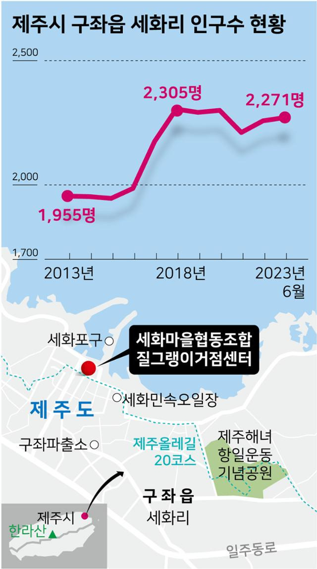 제주시 구좌읍 세화리 인구수 현황과 마을 지도. 그래픽=강준구 기자