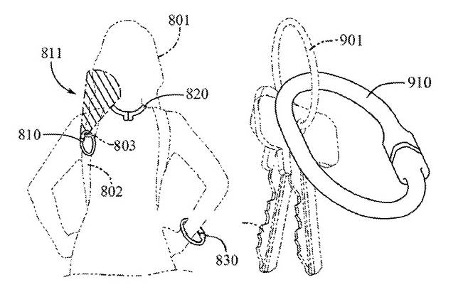애플이 특허 출원한 무선 이어폰 ‘에어팟’ 충전 기기. 에어팟을 넣은 U자형 끈을 동그랗게 말아 손목에 차는 팔찌 외에도 목걸이처럼 착용하거나 가방 어깨 끈에 매고 다니는 등 다양한 패션 아이템으로 활용할 수 있다고 제안했다. [미국특허청]