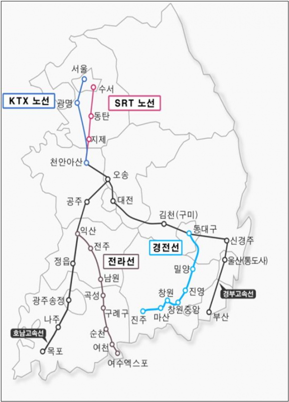 다음달 1일부터 운행을 시작하는 SRT 고속열차 경전선 노선도. 경남도 제공