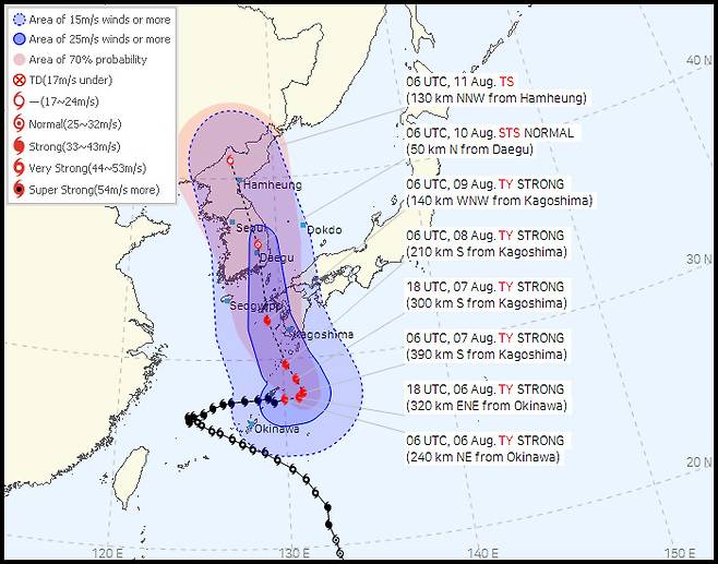 Typhoon Khanun's predicted path (KMA)