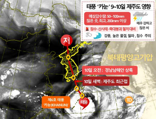 제6호 태풍 '카눈' 예상진로 모식도(기상청 제공)