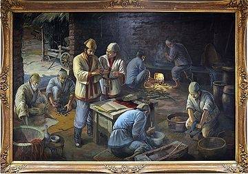 최무선의 화약 제조과정을 그린 최대섭 화가의 그림. 한국학중앙연구원 소장 작품.