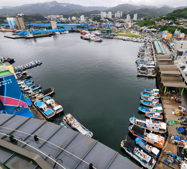 ▲ 제6호 태풍 카눈이 북상하며 최대 600mm 이상의 집중호우와 강풍이 예고된 영동지방에는 9일 오후 들어 점차 많은 비와 함께 파도가 높아지고, 바람이 느껴지는 등 태풍 전조현상들이 나타나면서 주민들은 최대한 안전책을 마련하면서도 큰 피해가 없기를 바라는 마음으로 불안해 하고 있다. 150여첛의 선박이 피항한 묵호항 전경.