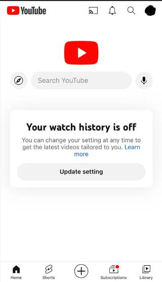 시청 기록을 삭제하고 영상 추천 기능을 비활성화한 유튜브 앱 화면. /사진=더버지(the Verge)