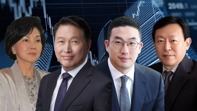 왼쪽부터 홍라희 전 리움미술관장, 최태원 SK그룹 회장, 구광모 LG그룹 회장, 신동빈 롯데그룹 회장 [게티이미지뱅크·연합]