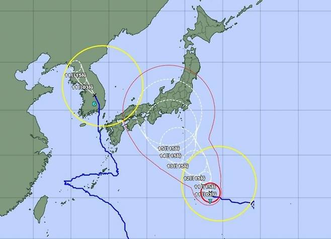 일본 기상청의 태풍 예상 경로도 [이미지출처=연합뉴스]