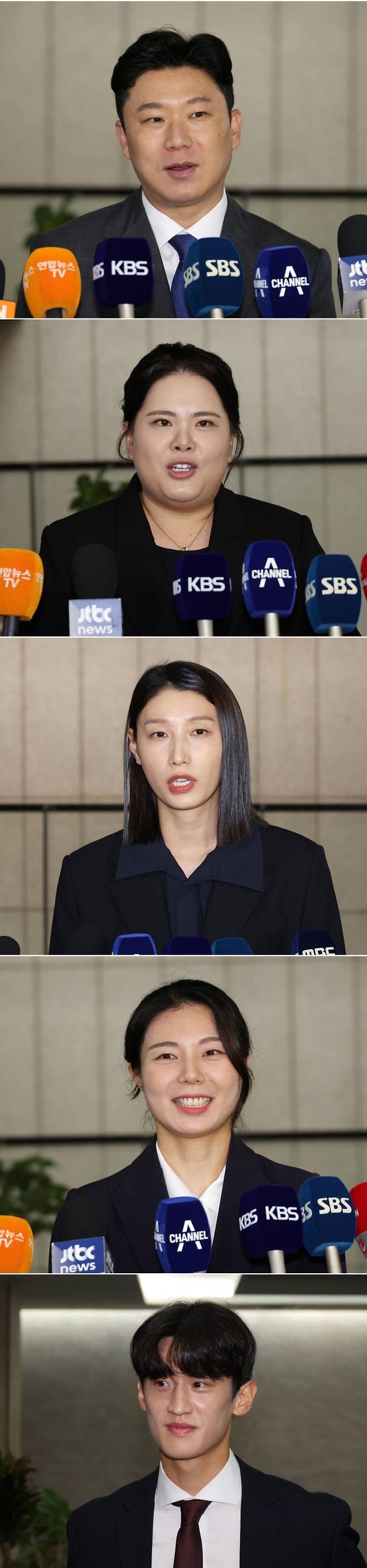 IOC 선수위원 한국 후보를 뽑는 1차 관문인 대한체육회 평가위원회의 비공개 면접이 10일 서울 송파구 방이동 올림픽파크텔에서 진행된 가운데 사격 진종오, 골프 박인비, 배구 김연경, 배드민턴 김소영, 태권도 이대훈(위 사진부터)이 인터뷰를 하고 있다. 연합뉴스