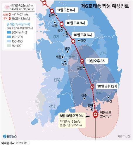 [그래픽] 제6호 태풍 '카눈' 예상 진로(10일 9시 현재)