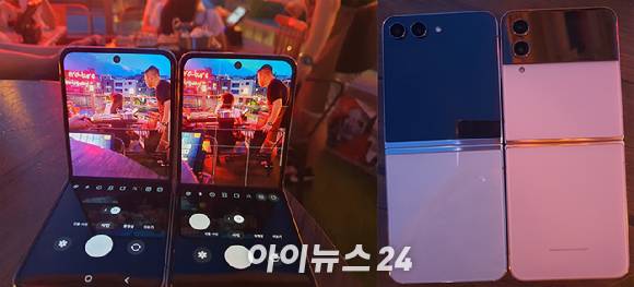 (왼쪽부터) '갤럭시Z플립4(왼쪽)'와 '갤럭시Z플립5(오른쪽)'을 나란히 놓고 찍은 사진과 '갤럭시Z플립5(왼쪽)'와 '갤럭시Z플립4(오른쪽)'의 외관. [사진=장유미 기자]