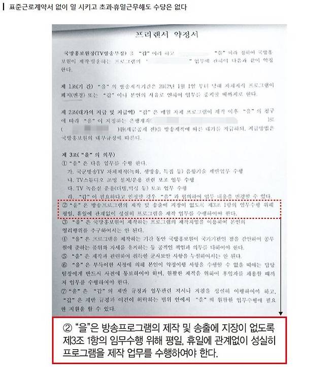 ▲파이낸셜뉴스가 지난 2019년 3월 '국방홍보원, 방송제작 인원 3분의2가 비정규직'에서 보도한 국방홍보원 프리랜서 약정서 화면 갈무리.