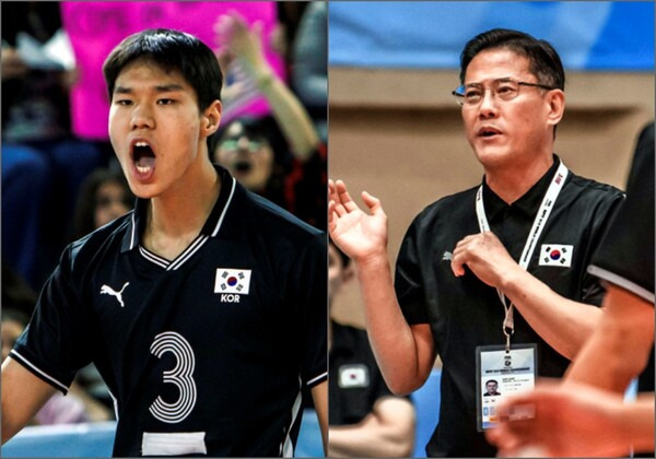 한국남자유스배구대표팀 주장 윤서진과 감독 김장빈.(사진출처=FIVB)