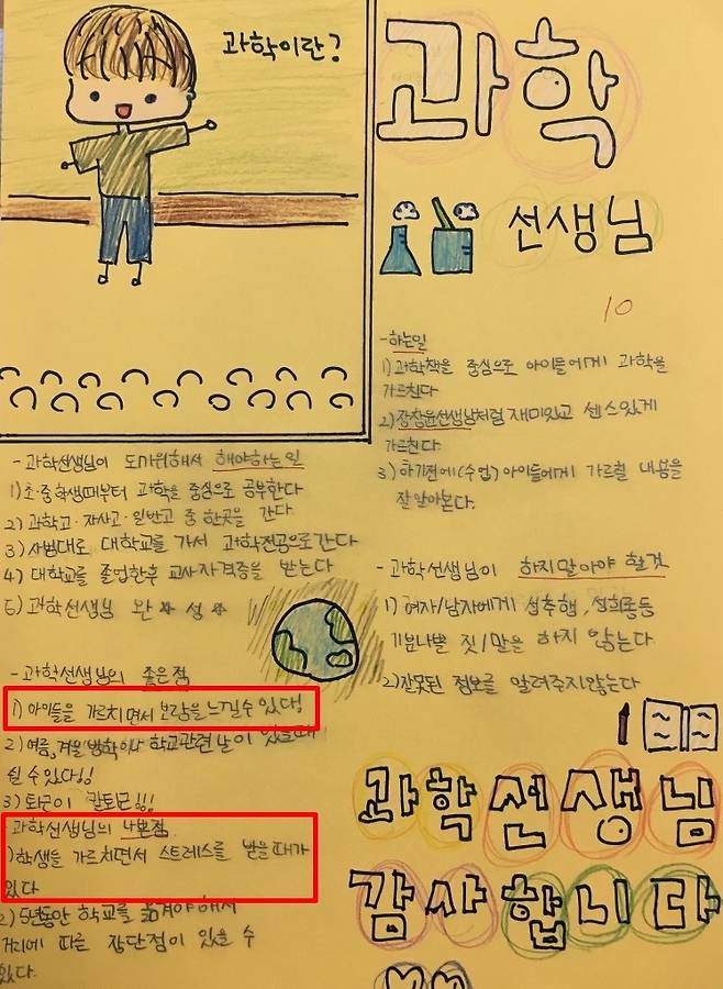 장 교사 같은 선생님이 되고 싶다며 학생이 만든 수행평가 자료 과학을 담당하는 장 교사처럼 멋진 과학 선생님이 되고 싶다며 학생이 만든 직업조사 수행평가. 과학 선생님이 되면 '아이들을 가르치면서 보람을 느낄 수 있다'는 장점과 '학생을 가르치면서 스트레스를 받을 때가 있다'는 단점에 대해 적은 부분이 눈에 띈다. [장창윤 교사 제공]