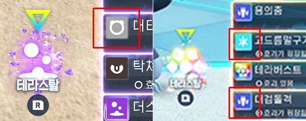 - 테라스탈 타입과 일치하지 않는 기술은 아이콘 테두리가 빛나지 않는다. 반면, 신규 테라스탈은 2개 이상의 타입 모두 테두리가 반짝인다