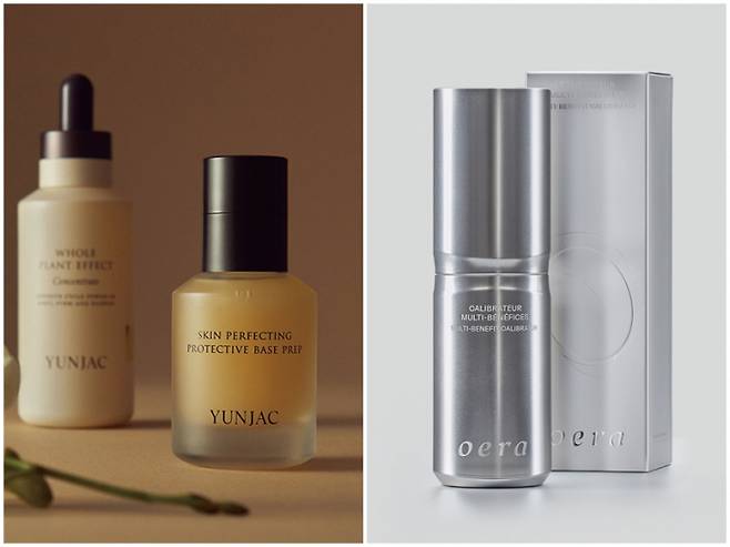 신세계인터내셔날은 색조 전문 브랜드 비디비치, 고기능 스킨케어 브랜드 연작, 고급 브랜드 뽀아레 등 다양한 브랜드를 보유했고 현대백화점그룹 한섬은 럭셔리 시장을 노리고 고급 스켄키어 브랜드 오에라를 론칭했다. 사진은 연작 스킨 퍼펙팅 프로텍티브 베이스프렙·전초 컨센트레이트(왼쪽)와 오에라 멀티 베네핏 캘리브레이터. /사진=신세계인터내셔날, 현대백화점그룹