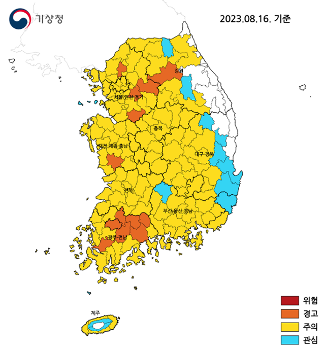 16일 기준 폭염 위험수준 분포도. 기상청 제공