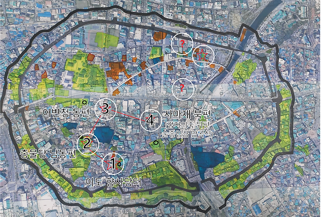 1914년 지적원도 토지소유구분-칠성대 추정위치 중첩도(제주도시재생지원센터 제공)