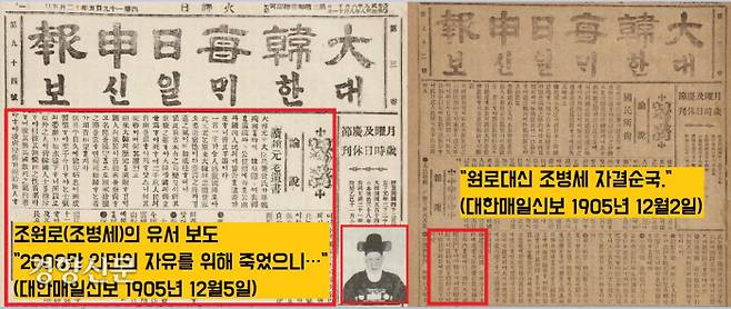 원로대신 조병세의 순국 사실을 알린 대한매일신보 1905년 12월2일자. 5일자에는 조병세 선생의 유서를 1면 머리로 보도했다.