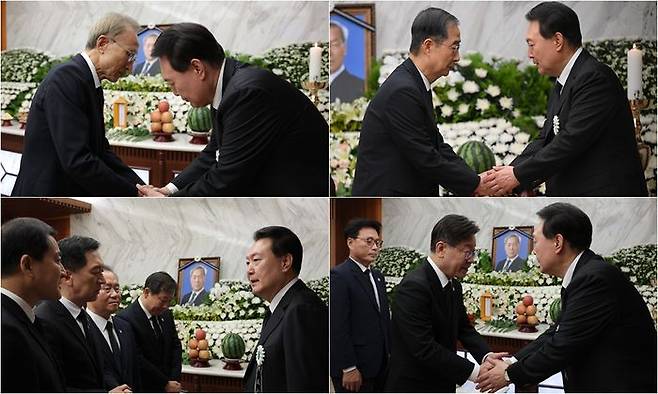 윤석열 대통령이 15일 부친 고 윤기중 연세대학교 명예교수의 빈소를 찾은 (왼쪽부터 시계방향) 이명박 전 대통령, 한덕수 국무총리, 이재명 더불어민주당 대표, 김기현 국민의힘 대표 등 조문객들을 맞이하고 있다. ⓒ대통령실