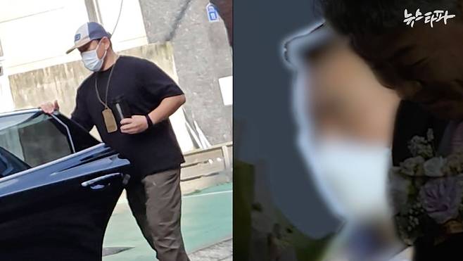 황보승희 의원은 내연남의 개인 행사에도 국회 보좌진을 동원했다. 황보 의원 딸의 입시 학원 등하원에 동원된 국회 보좌 직원(왼쪽). 상을 받는 황보 의원 내연남에게 꽃다발을 전달하는 같은 직원의 모습(오른쪽).