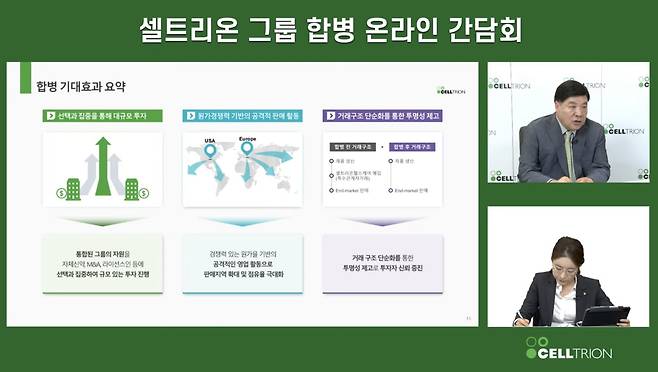 셀트리온그룹이 셀트리온과 셀트리온헬스케어의 합병을 17일 발표했다. 사진은 합병 이후 통합법인의 중장기 계획. /유튜브 캡쳐