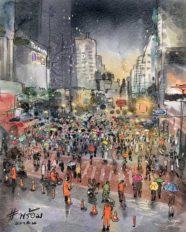 태국 시민 쿤 기브 유칸트가 그린 지난달 23일 방콕 반군부 시위 현장 스케치. 솜밧 분가마농 제공