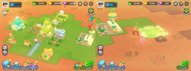 브릭시티 인게임 모습, 정화 로봇을 작동시켜 미개척 토지를 확장했다.