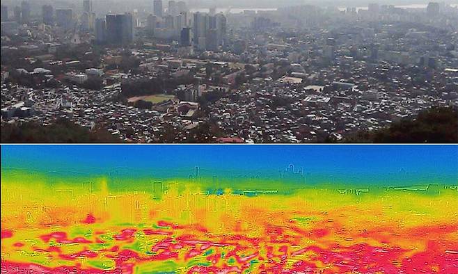 지난 1일 서울 남산에서 촬영한 서울 시내 모습. 아래 사진은 열화상 카메라로 촬영한 모습으로 온도가 높을수록 붉게 낮을수록 푸르게 표시된다. 연합뉴스