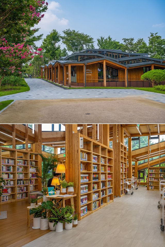 오동숲속도서관 외관, 지붕을 중첩되게 만든 것이 특징적이다.(위) 오동숲속도서관에는 일반서와 아동서 등 8000여권의 책을 소장하고 있다.(아래)
