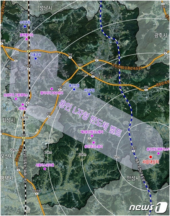 용인시가 추진하고 있는 L자형 반도체 벨트 내 반도체 협력 산업단지 조성지 위치도,(용인시 제공)