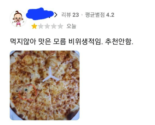 A씨는 너무 어이가 없고, 억울했지만 혹시나 추가 피해를 더 입을 것을 우려해 그냥 넘어가려고 했다고 한다. 하지만 고객은 배달 앱에 똑같은 사진을 첨부해 "먹지 않아 맛을 모른다. 추천 안 한다"며 별점 1개의 악성 댓글을 남겼다. [사진출처=온라인 커뮤니티 '보배드림']