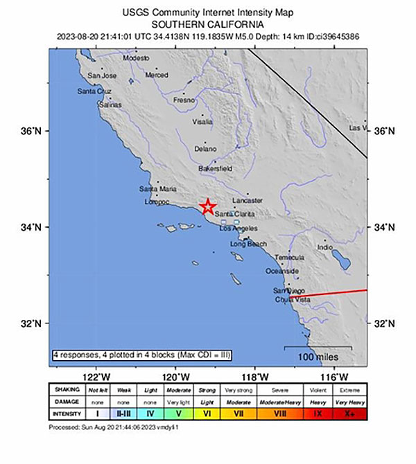 미 캘리포니아주 남부서 규모 5.0 지진 [미 지질조사국(USGS) 웹사이트 제공]