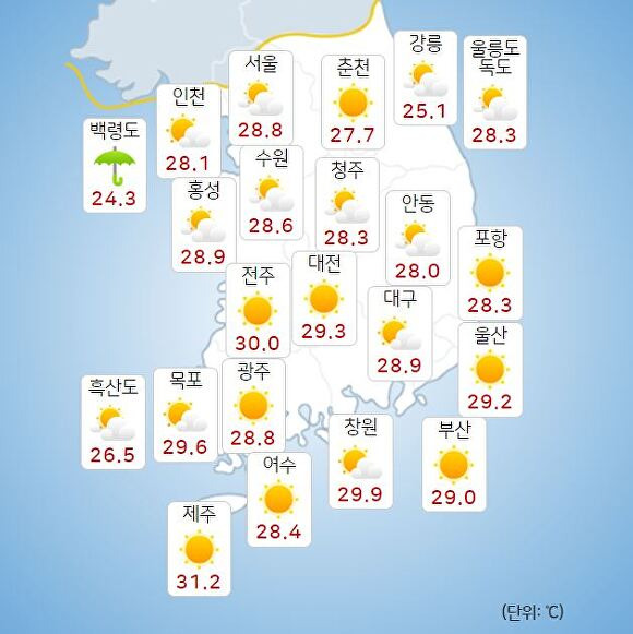 21일 오전 9시 현재 전국 날씨. [사진=기상청 날씨누리]