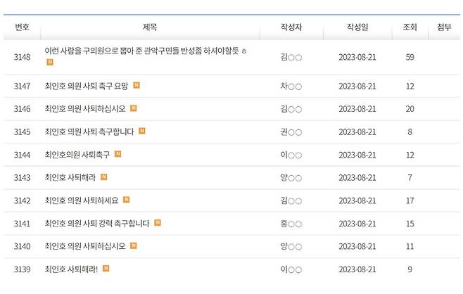 관악구의회 홈페이지 참여마당 ‘의회에 바란다’ 캡처