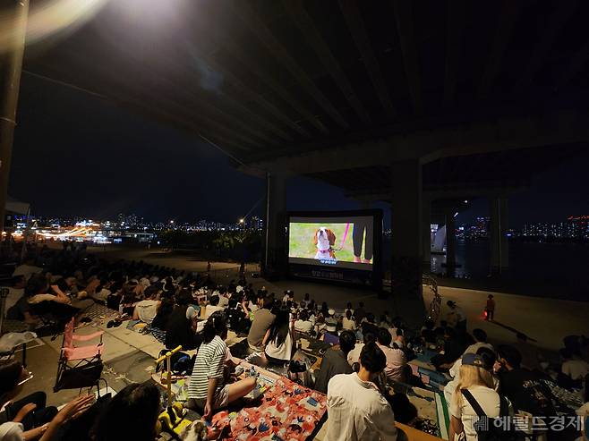 20일 밤 서울 여의도한강공원 원효대교 남단에서 ‘한강물빛영화관’의 영화 ‘안녕 베일리’가 상영되고 있다. 김용재 기자