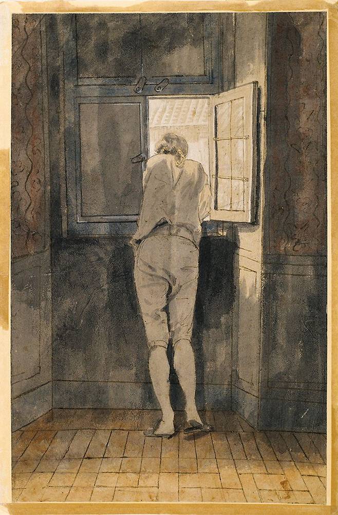 요한 하인리히 빌헬름 티슈바인, 창가의 괴테, 1787년, 종이에 연필과 펜, 수채, 41.5×26.6㎝, 프랑크푸르트 괴테 박물관 소장.