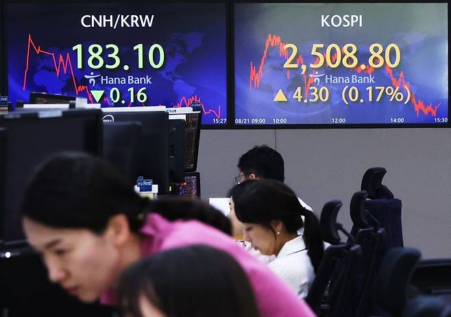 전일인  21일 오후 서울 중구 하나은행 본점 딜링룸 현황판 모습. 사진=연합뉴스