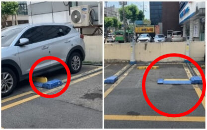 주차된 차량 아래 플랩형 차단바가 올라간 모습(왼쪽). 유튜브 채널 '한문철 TV' 갈무리