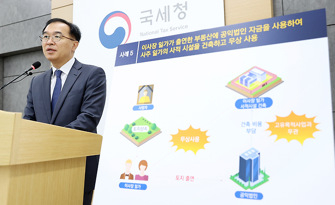 최재봉 국세청 법인납세국장이 23일 세종시 정부세종2청사에서 불성실 혐의 공익법인 엄정 대응과 관련해 브리핑하고 있다. 국세청 제공