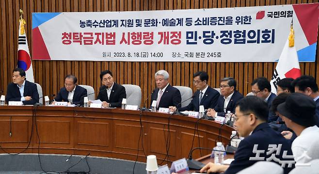 국민의힘 김기현 대표가 18일 오후 국회에서 열린 '농축수산업계 지원 및 문화·예술계 등 소비증진을 위한 청탁금지법 시행령 개정 민·당·정 협의회' 에 참석해 모두발언 하고 있다. 황진환 기자