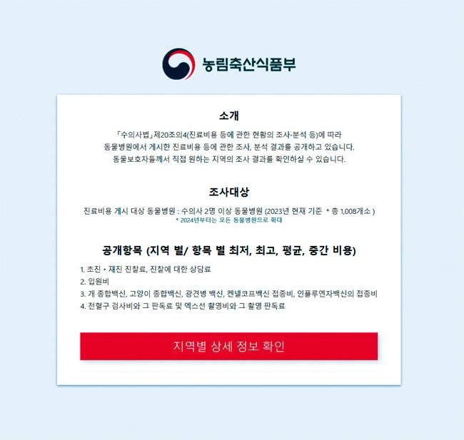 농림축산식품부가 만든 동물병원 진료비 비교 웹사이트 화면. [진료비 현황 공개 누리집 홈페이지 캡처]