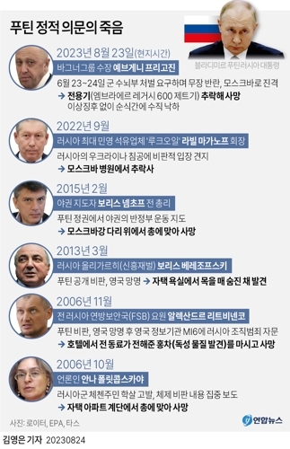 러시아 주요 인사 의문사 목록. 연합뉴스