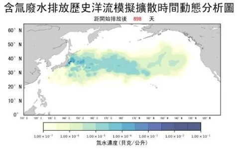 후쿠시마 원전 오염수 방류에 따른 삼중수소 확산 모의 시뮬레이션 분석. 대만 원자력위원회 캡처